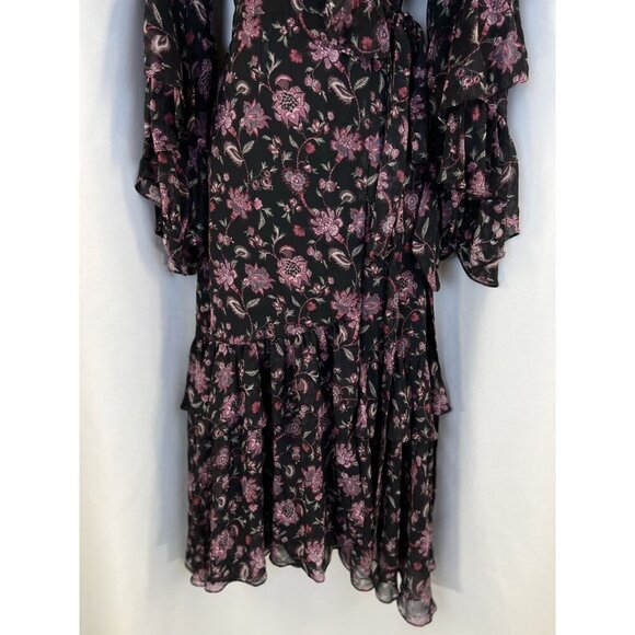 AMUR Rumi Black Purple Silk Wrap Midi Dress $798 - Picture 5 of 12